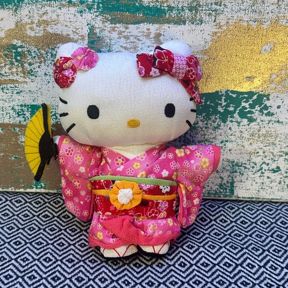 Hello Kitty Kimono Mascot Sao Sanrio Japan Crepe Stuffed Plush W/Bows, Fan Rare - Picture 1 of 8